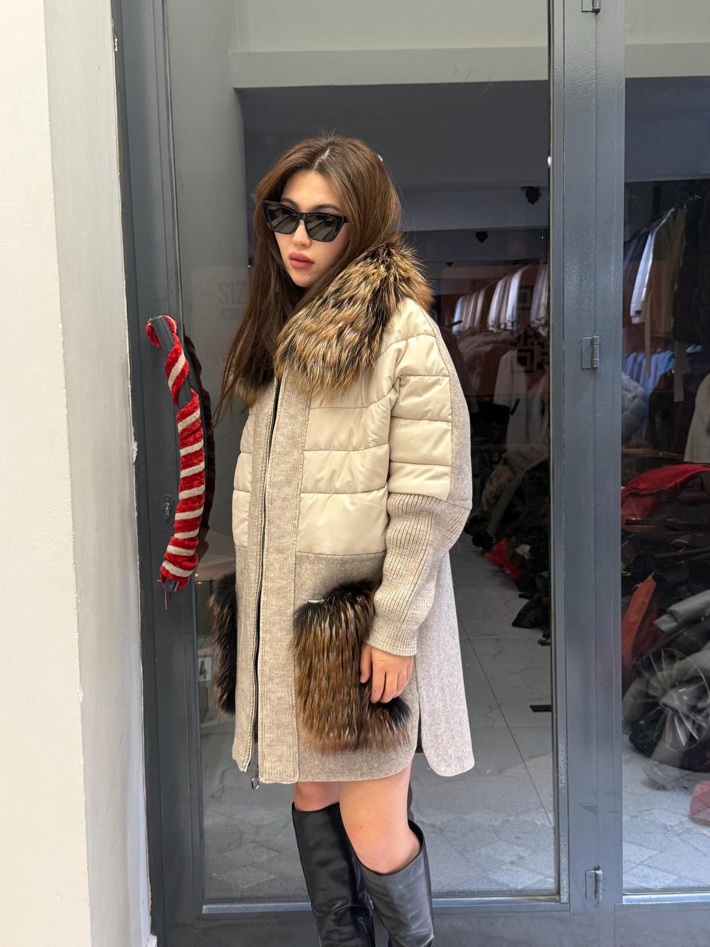 Gray Plus Size Puffer Coat, Women Collar&Pockets Fox Fur Jacket, Oversized Fox Fur Coat, Alpaca Wool Coat. Argentina Fox Fur Jacket