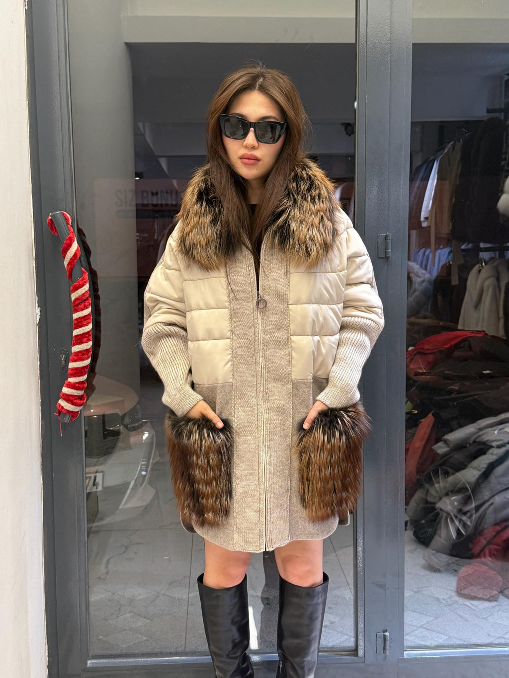 Gray Plus Size Puffer Coat, Women Collar&Pockets Fox Fur Jacket, Oversized Fox Fur Coat, Alpaca Wool Coat. Argentina Fox Fur Jacket