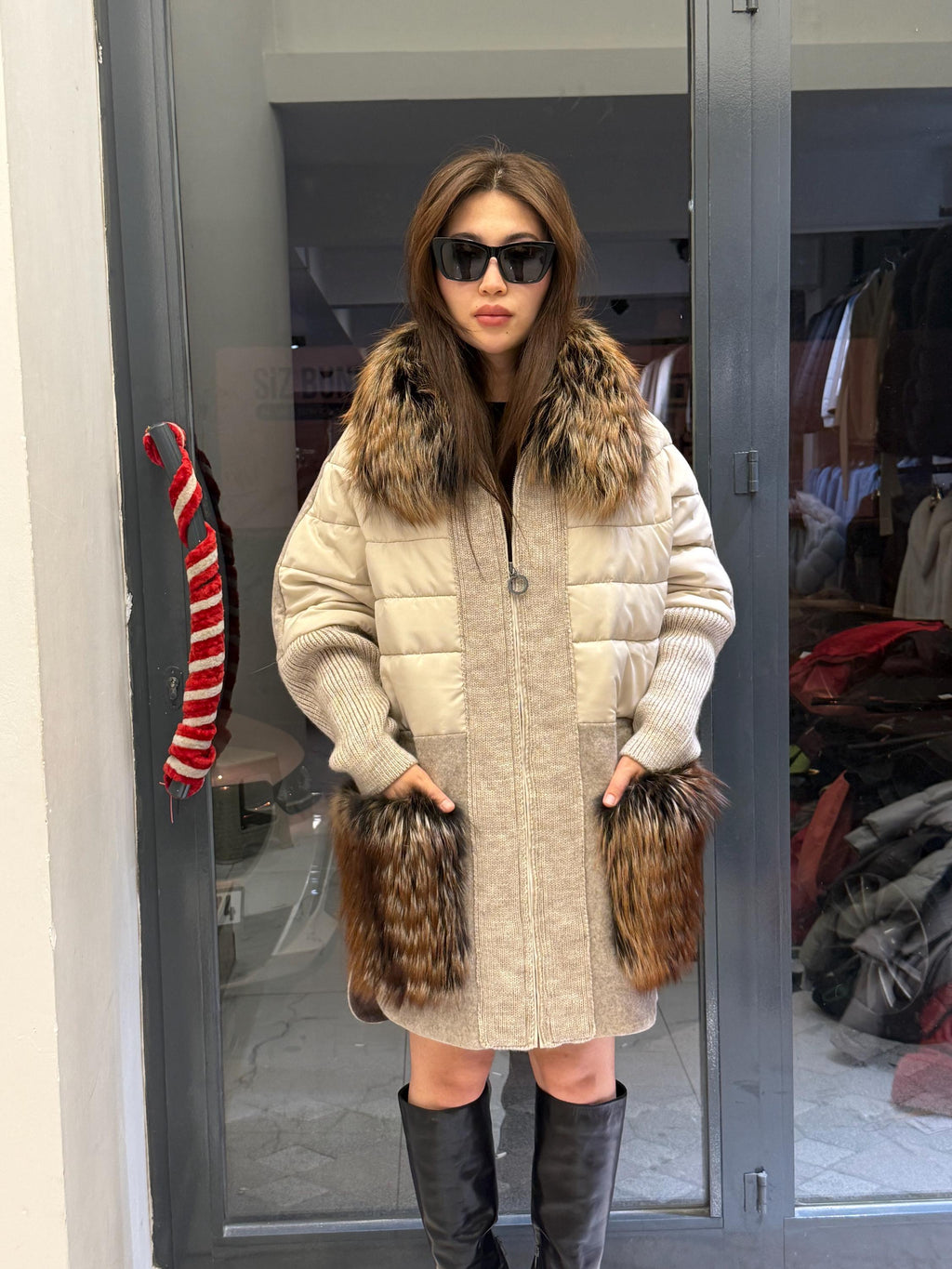 Gray Plus Size Puffer Coat, Women Collar&Pockets Fox Fur Jacket, Oversized Fox Fur Coat, Alpaca Wool Coat. Argentina Fox Fur Jacket