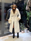 Women’s White Long Leather Trench Coat, Luxury Collar Cuffs - Huge Fox Fur Jacket. Collar Fox Fur Jacket. White fox fur coat. Fox Fur Jacket