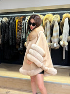 Beige Cashmere Cape With Fox Fur Trim, Women’s Wool Shawl Front Skirt - Fox Fur Jacket. Beige Fox Fur Jacket. Fox Fur Trim Coat. Fox Fur