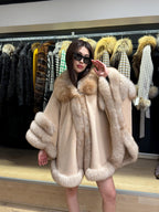Beige Cashmere Cape With Fox Fur Trim, Women’s Wool Shawl Front Skirt - Fox Fur Jacket. Beige Fox Fur Jacket. Fox Fur Trim Coat. Fox Fur