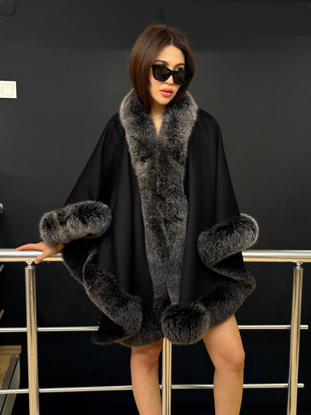 Black Cashmere Cape With Fox Fur Trim, Women’s Wool Shawl Front Skirt - Fox Fur Jacket. Silver Fox Fur Jacket. Fox Fur Trim Coat. Fox Fur