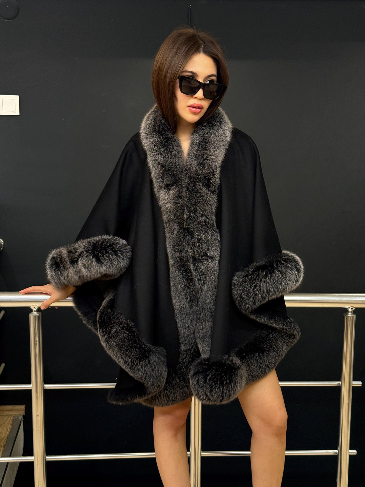 Black Cashmere Cape With Fox Fur Trim, Women’s Wool Shawl Front Skirt - Fox Fur Jacket. Silver Fox Fur Jacket. Fox Fur Trim Coat. Fox Fur