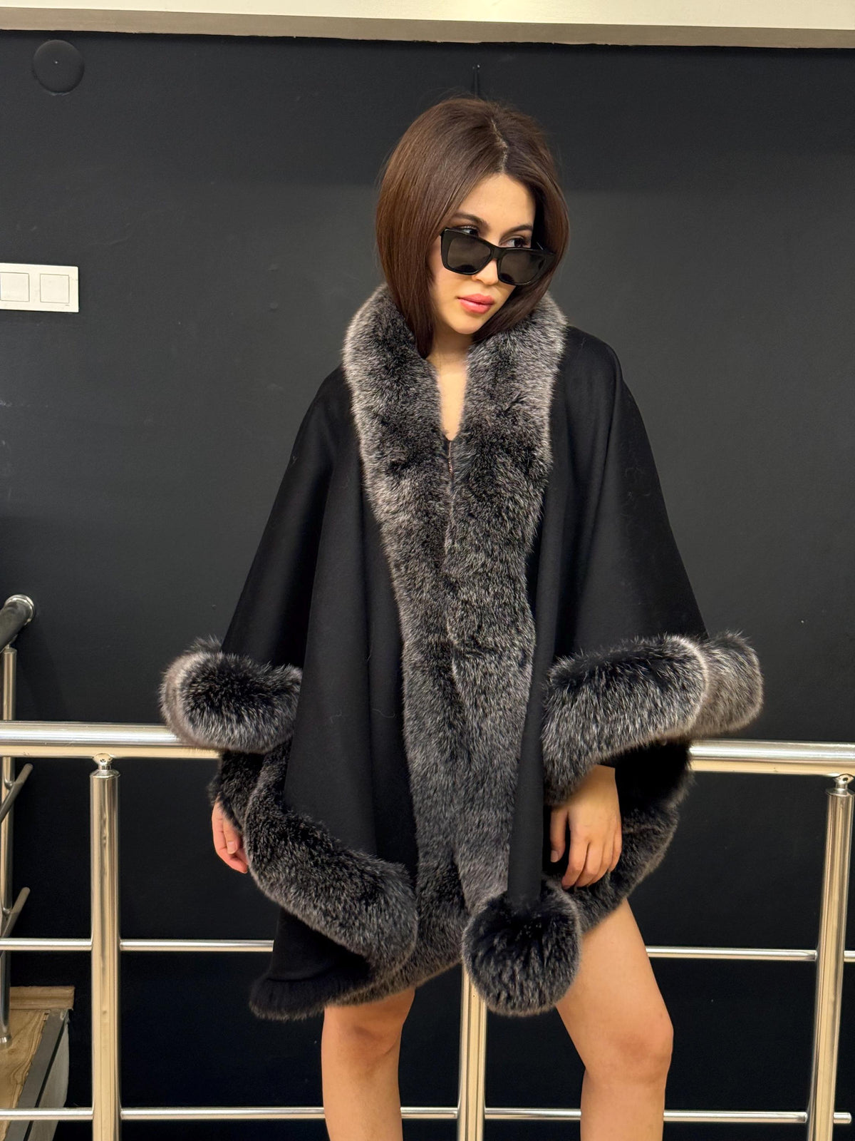 Black Cashmere Cape With Fox Fur Trim, Women’s Wool Shawl Front Skirt - Fox Fur Jacket. Silver Fox Fur Jacket. Fox Fur Trim Coat. Fox Fur