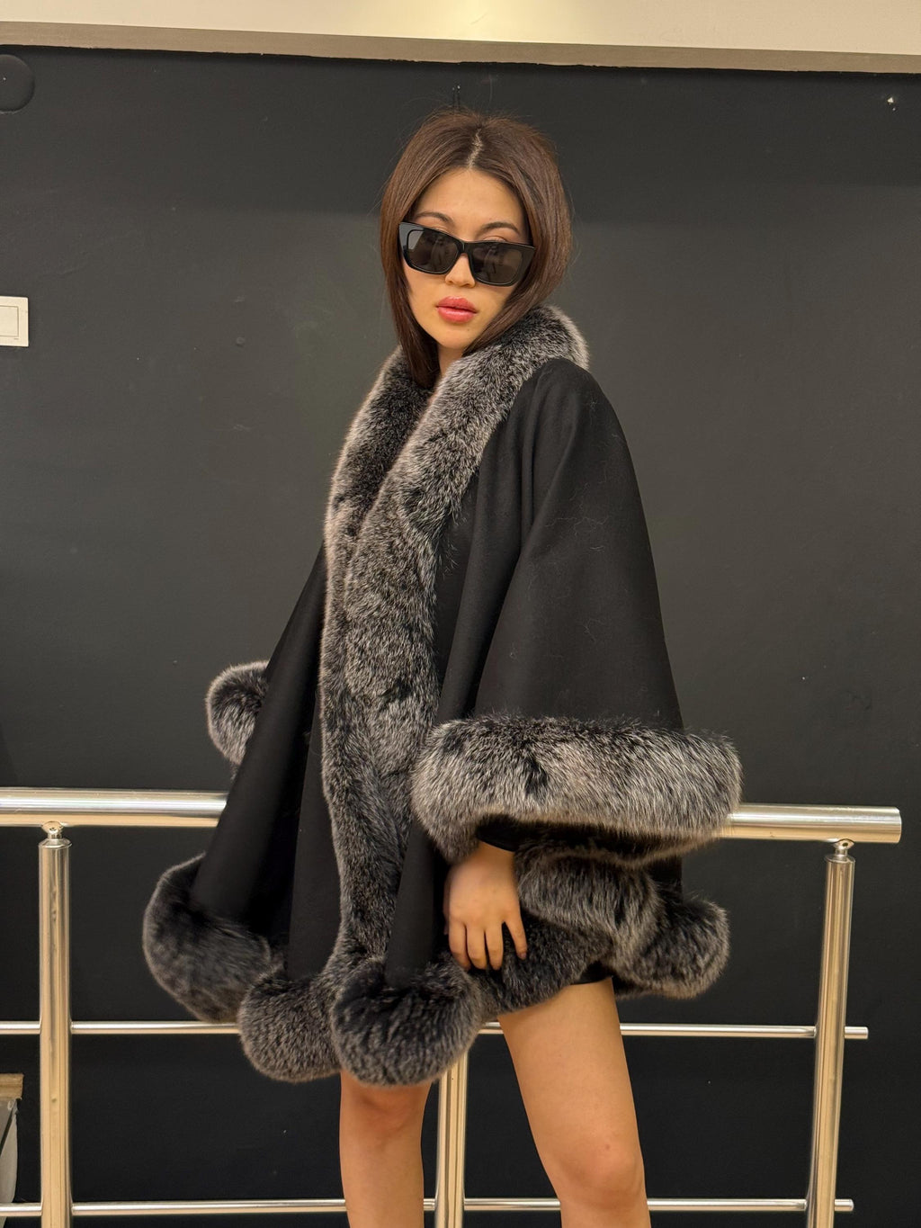 Black Cashmere Cape With Fox Fur Trim, Women’s Wool Shawl Front Skirt - Fox Fur Jacket. Silver Fox Fur Jacket. Fox Fur Trim Coat. Fox Fur