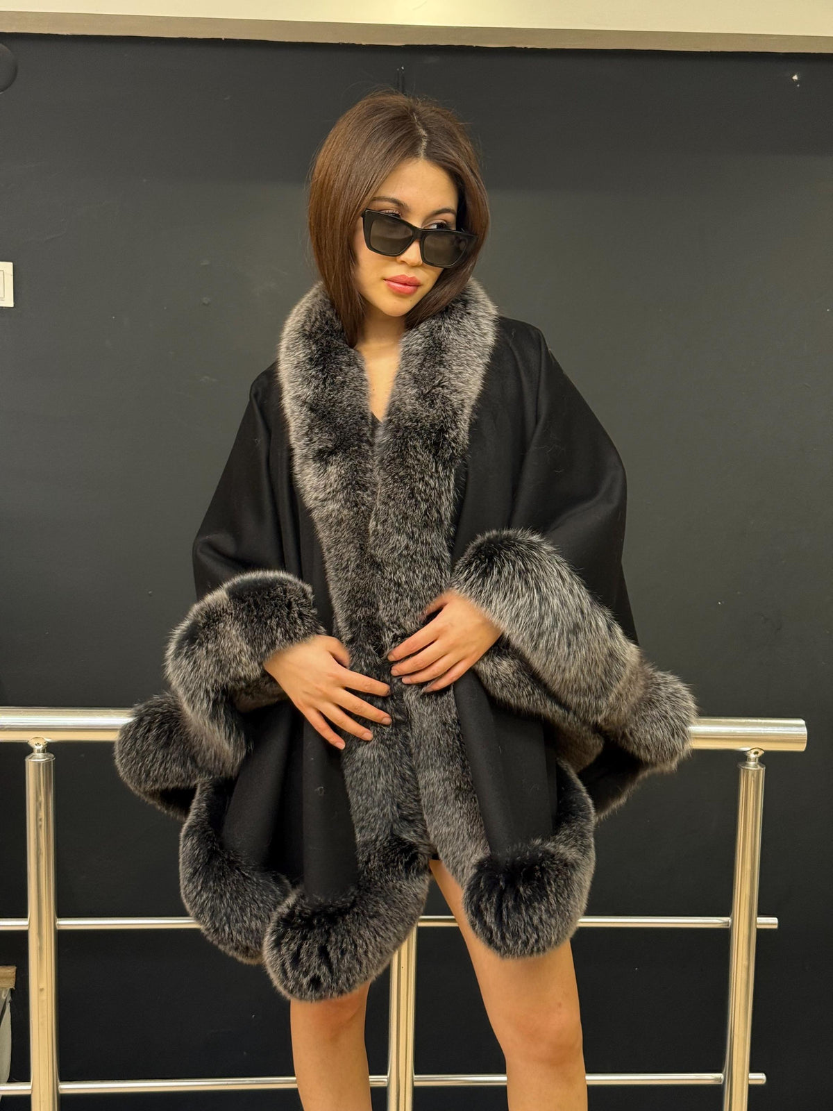 Black Cashmere Cape With Fox Fur Trim, Women’s Wool Shawl Front Skirt - Fox Fur Jacket. Silver Fox Fur Jacket. Fox Fur Trim Coat. Fox Fur