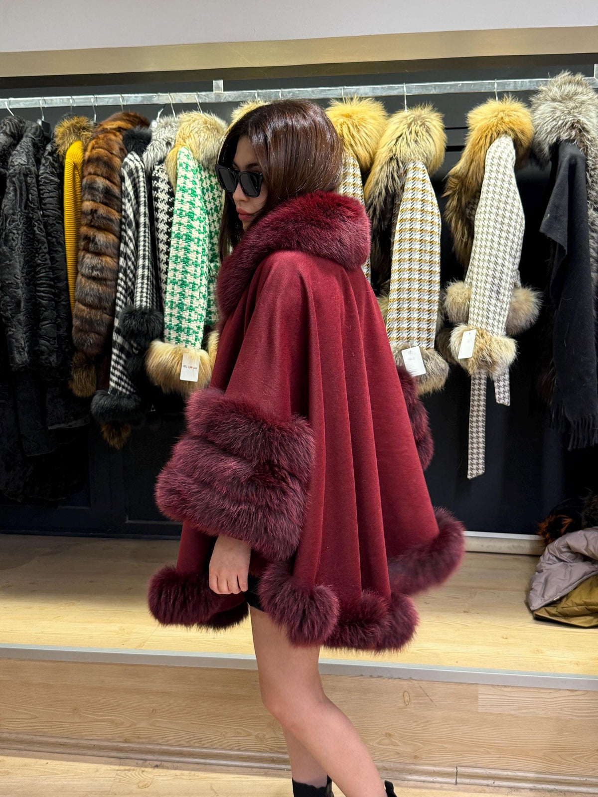 Burgundy Cashmere Cape with Fox Fur Trim: Wool Shawl With fox Fur. Front Skirt- Fox Fur Jacket. Burgundy Fox Fur Jacket. Fox Fur Cape