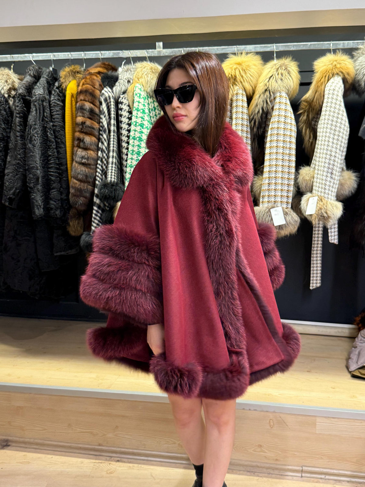 Burgundy Cashmere Cape with Fox Fur Trim: Wool Shawl With fox Fur. Front Skirt- Fox Fur Jacket. Burgundy Fox Fur Jacket. Fox Fur Cape