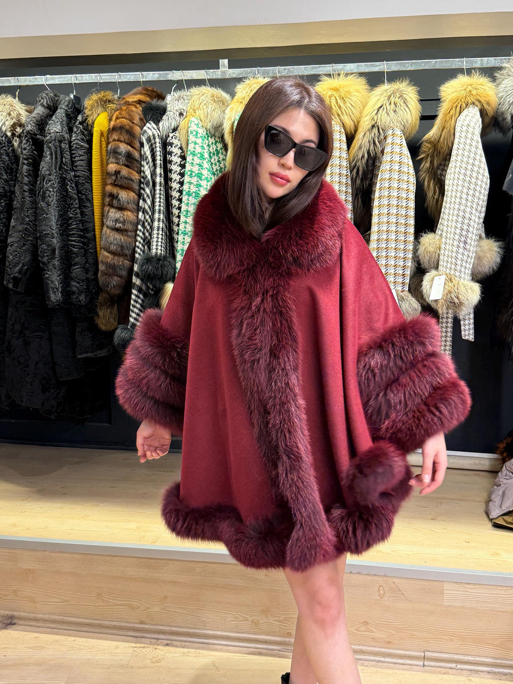 Burgundy Cashmere Cape with Fox Fur Trim: Wool Shawl With fox Fur. Front Skirt- Fox Fur Jacket. Burgundy Fox Fur Jacket. Fox Fur Cape
