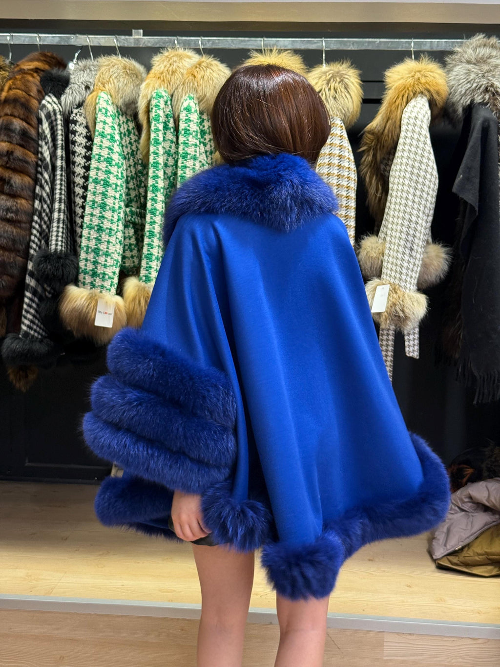 Sax Blue Wool Cashmere Cape Coat with Fox Fur Trim , Front Skirt Fox Fur Jacket. Sax Blue Fox Fur Coat. Women Fox Fur Jacket. Fox Fur