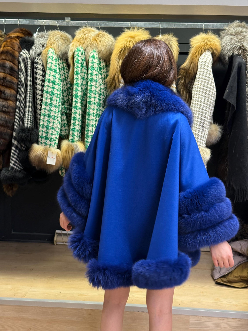 Sax Blue Wool Cashmere Cape Coat with Fox Fur Trim , Front Skirt Fox Fur Jacket. Sax Blue Fox Fur Coat. Women Fox Fur Jacket. Fox Fur