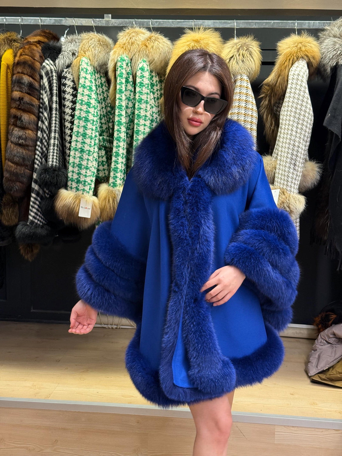 Sax Blue Wool Cashmere Cape Coat with Fox Fur Trim , Front Skirt Fox Fur Jacket. Sax Blue Fox Fur Coat. Women Fox Fur Jacket. Fox Fur