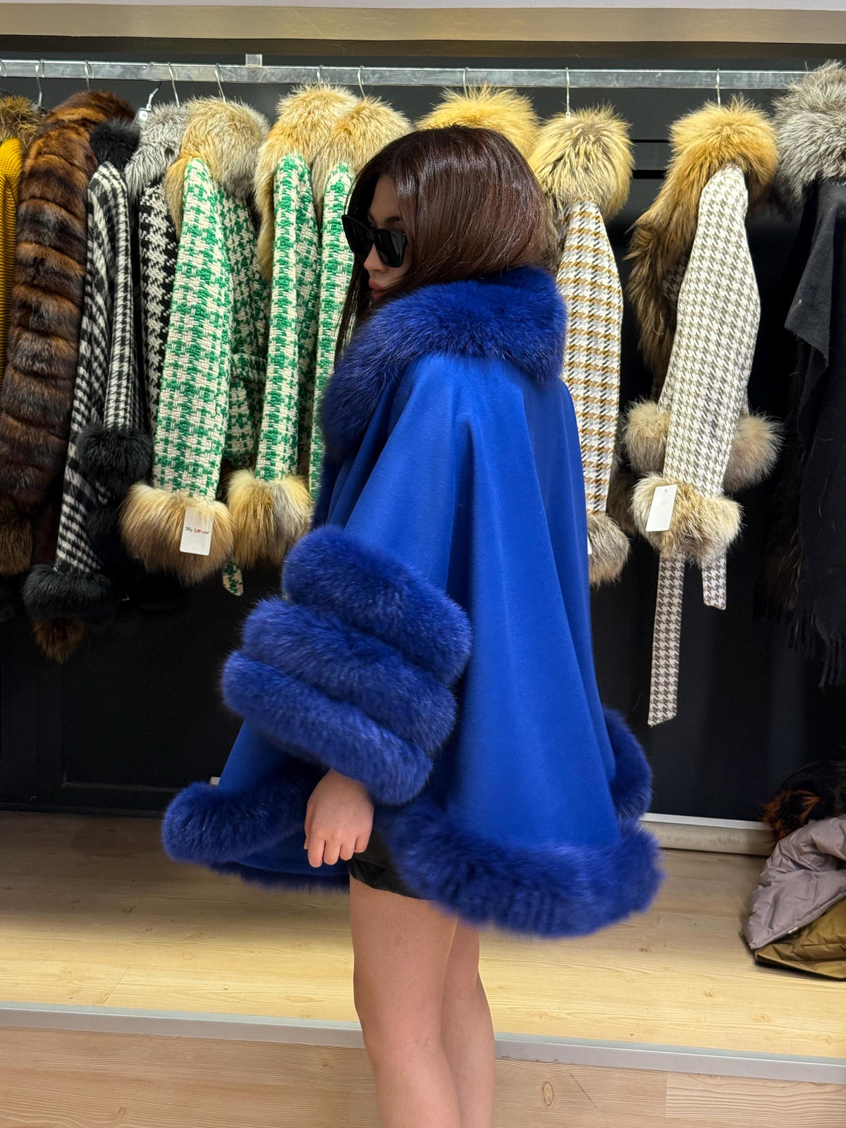 Sax Blue Wool Cashmere Cape Coat with Fox Fur Trim , Front Skirt Fox Fur Jacket. Sax Blue Fox Fur Coat. Women Fox Fur Jacket. Fox Fur
