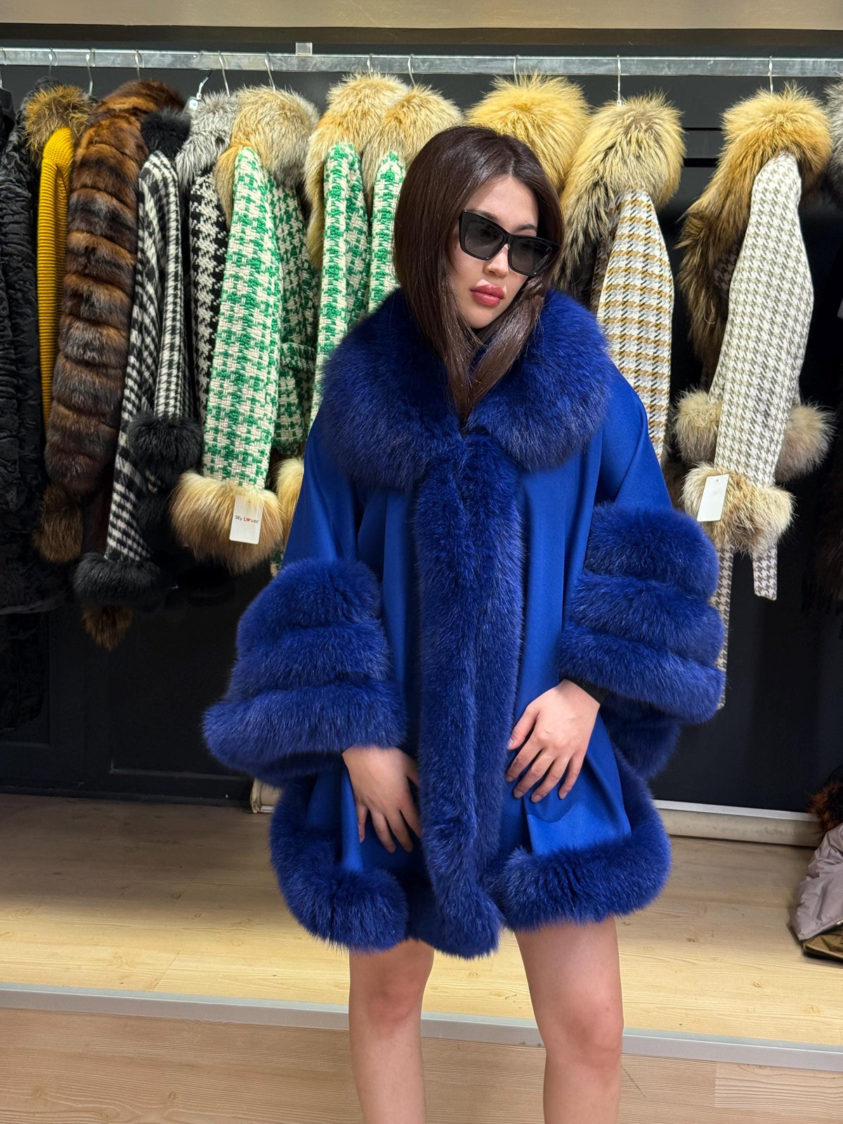 Sax Blue Wool Cashmere Cape Coat with Fox Fur Trim , Front Skirt Fox Fur Jacket. Sax Blue Fox Fur Coat. Women Fox Fur Jacket. Fox Fur