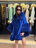 Sax Blue Wool Cashmere Cape Coat with Fox Fur Trim , Front Skirt Fox Fur Jacket. Sax Blue Fox Fur Coat. Women Fox Fur Jacket. Fox Fur