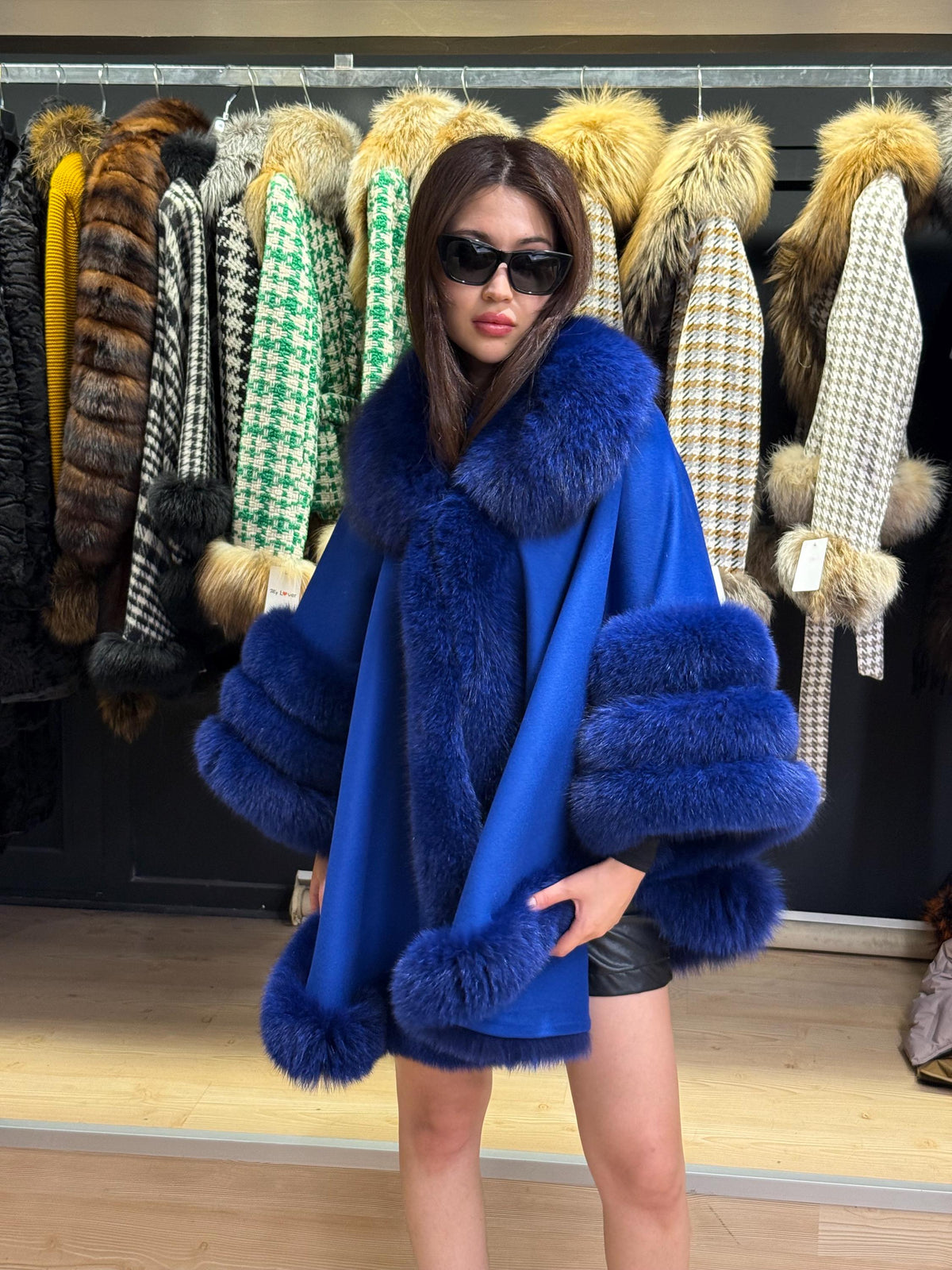 Sax Blue Wool Cashmere Cape Coat with Fox Fur Trim , Front Skirt Fox Fur Jacket. Sax Blue Fox Fur Coat. Women Fox Fur Jacket. Fox Fur