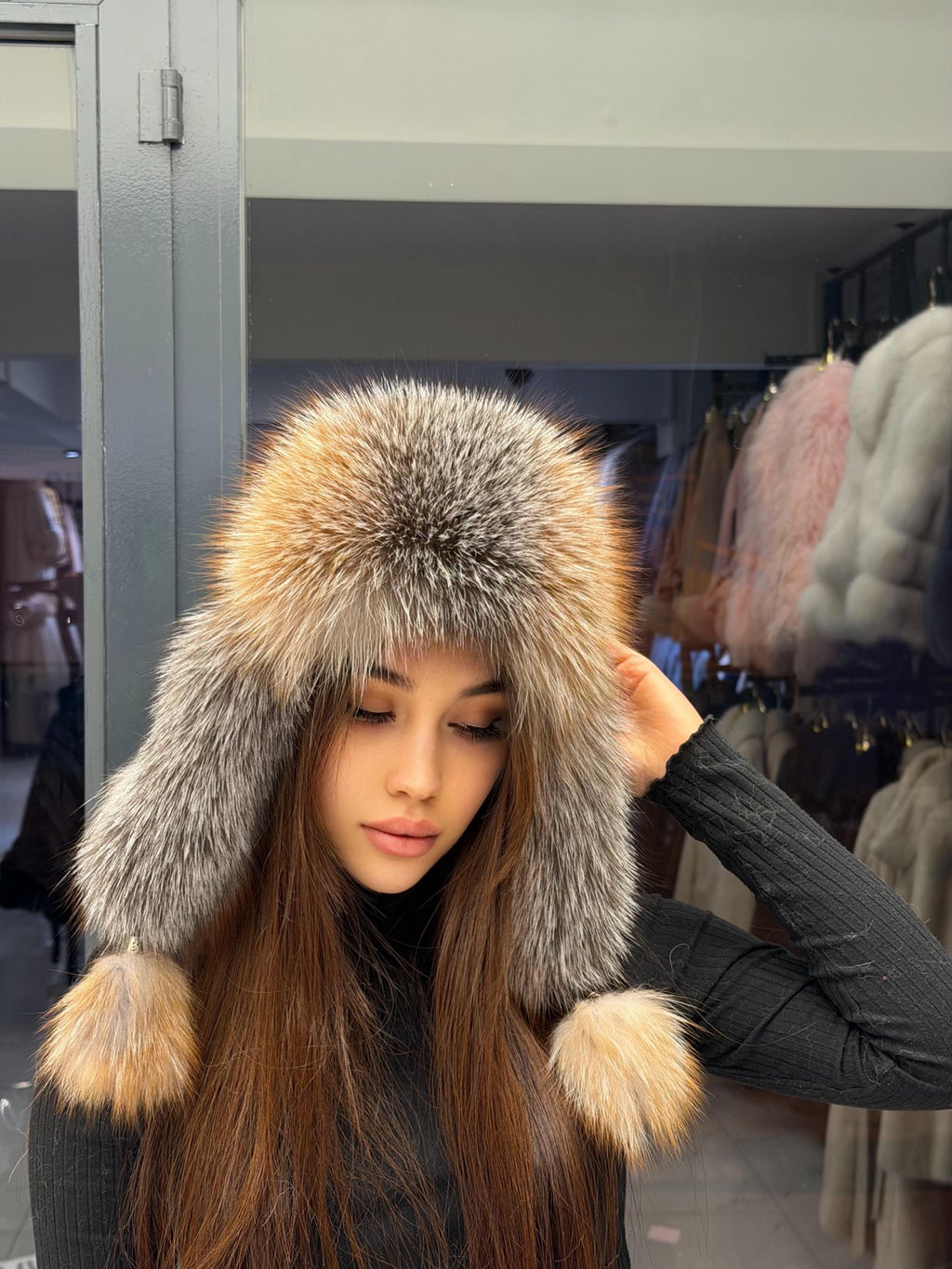 Real Fox Fur Ushanka Hat | Black Winter Russian Hat with Pom Poms | Frost Golden Fox Fur Trapper Hat Women | Cold Weather Gift