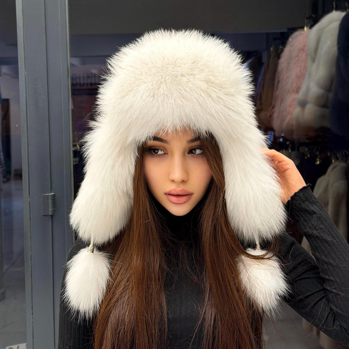 Real Fox Fur Ushanka Hat | White Winter Russian Hat with Pom Poms | Shadow White Arctic Fox Fur Trapper Hat Women | Cold Weather Gift