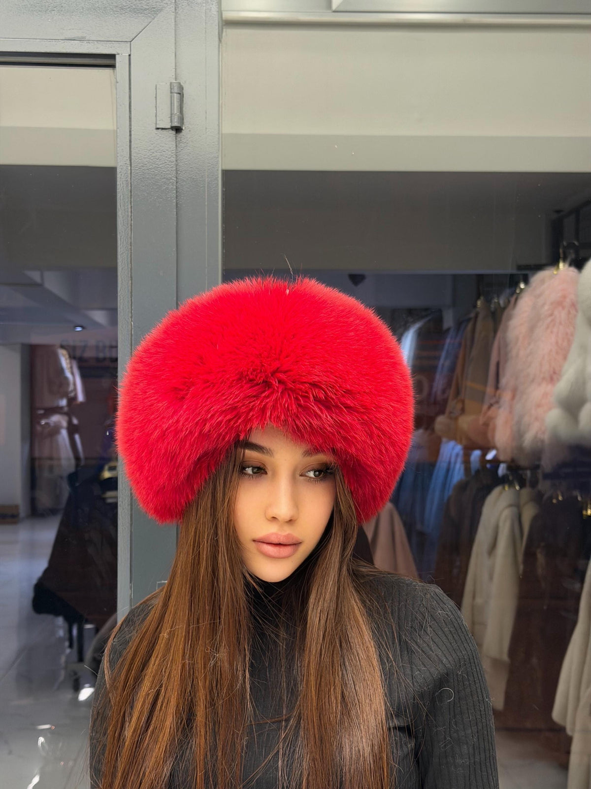 Red Real Fox Fur Hat with Leather Top | Handmade Round Russian Winter Hat | Luxury Cossack Fur Hat for Women & Men | Warm Gift Idea