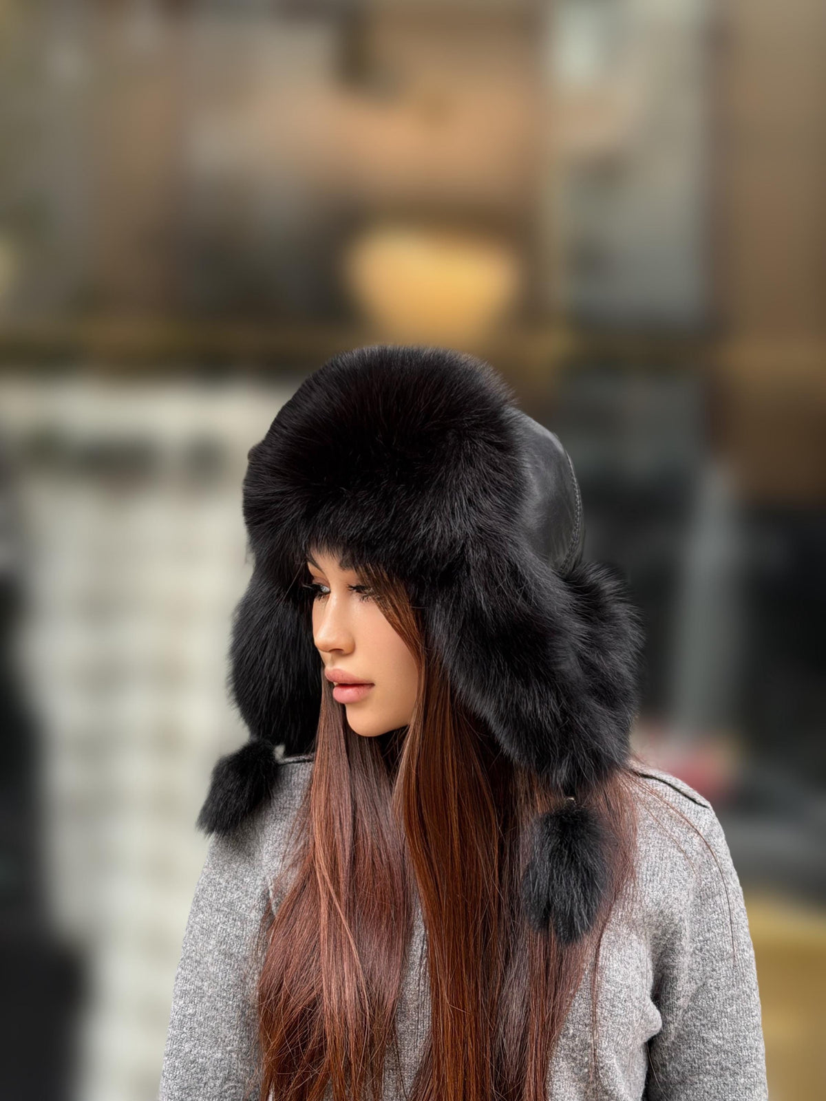 Real Fox Fur Ushanka Hat | Black Winter Russian Hat with Pom Poms | Fox Fur Trapper Hat Women | Cold Weather Gift