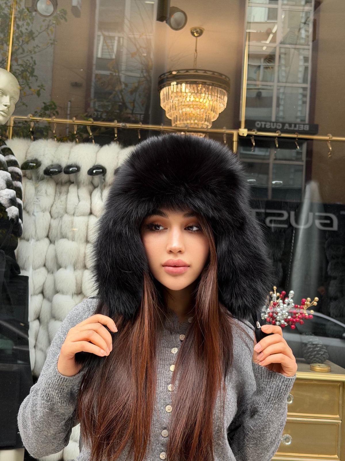 Real Fox Fur Ushanka Hat | Black Winter Russian Hat with Pom Poms | Fox Fur Trapper Hat Women | Cold Weather Gift