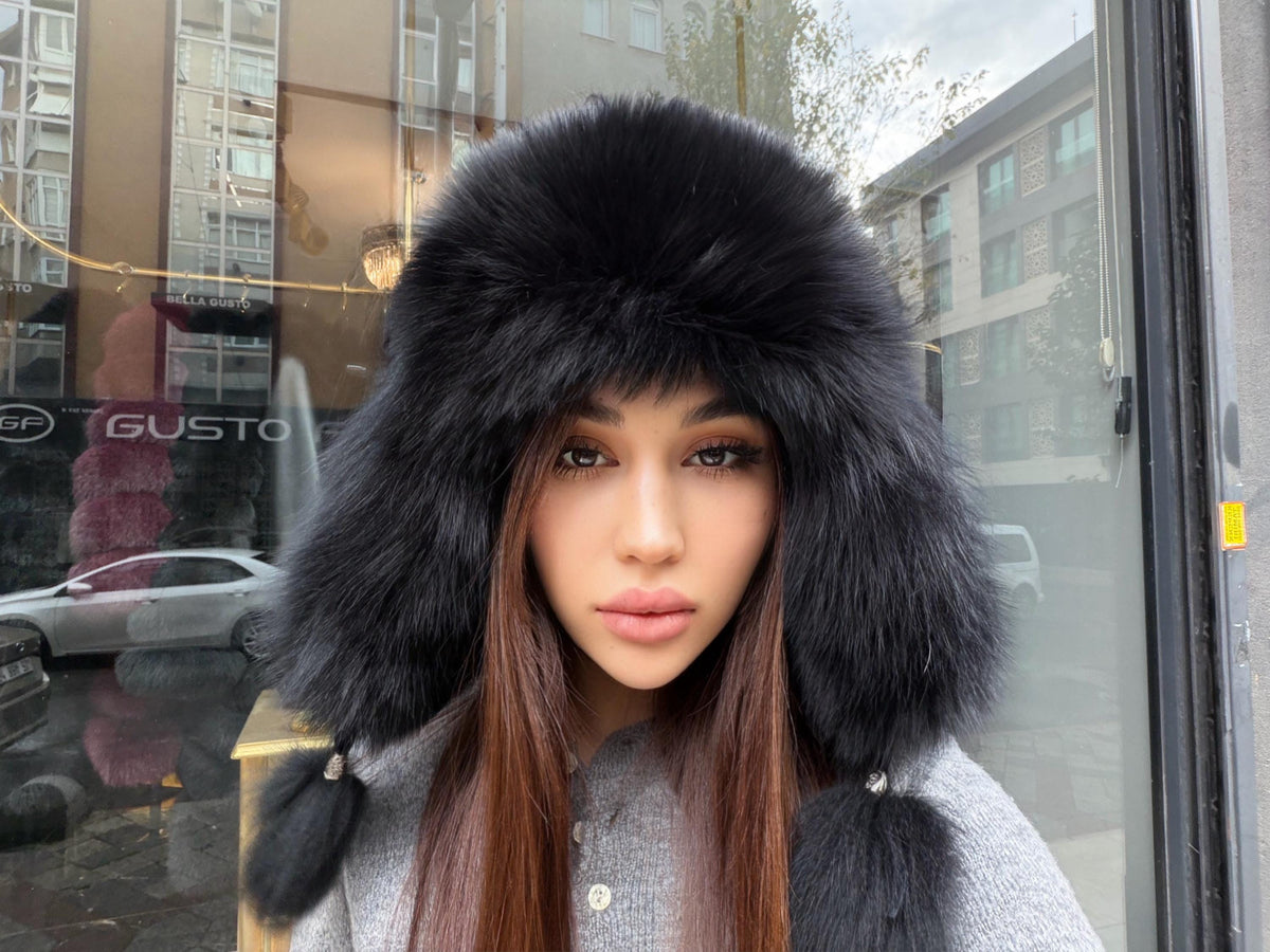 Real Fox Fur Ushanka Hat | Black Winter Russian Hat with Pom Poms | Fox Fur Trapper Hat Women | Cold Weather Gift