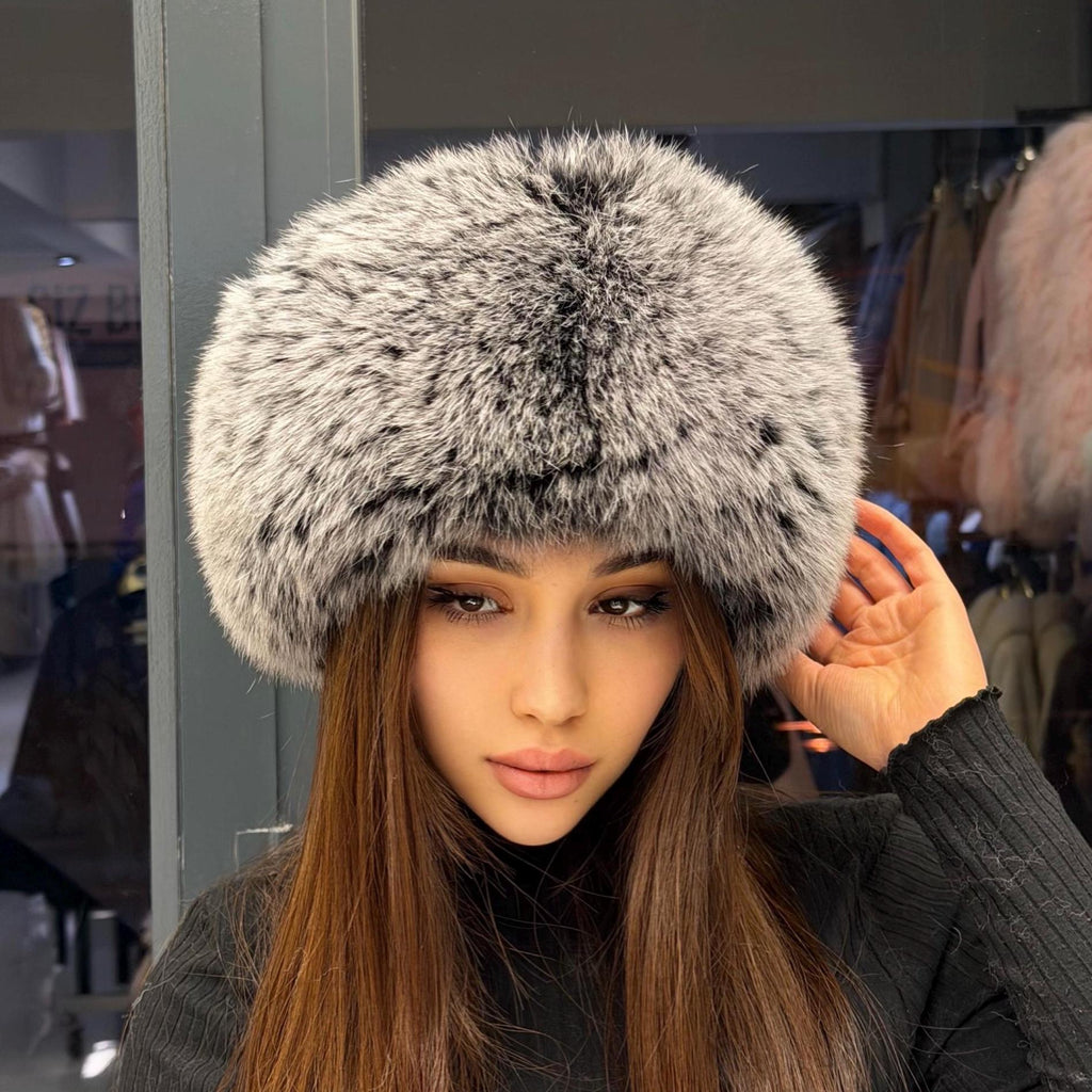 Gray Fox Fur Hat with Leather Top | Handmade Round Russian Winter Hat | Luxury Cossack Fur Hat for Women & Men | Warm Gift Idea