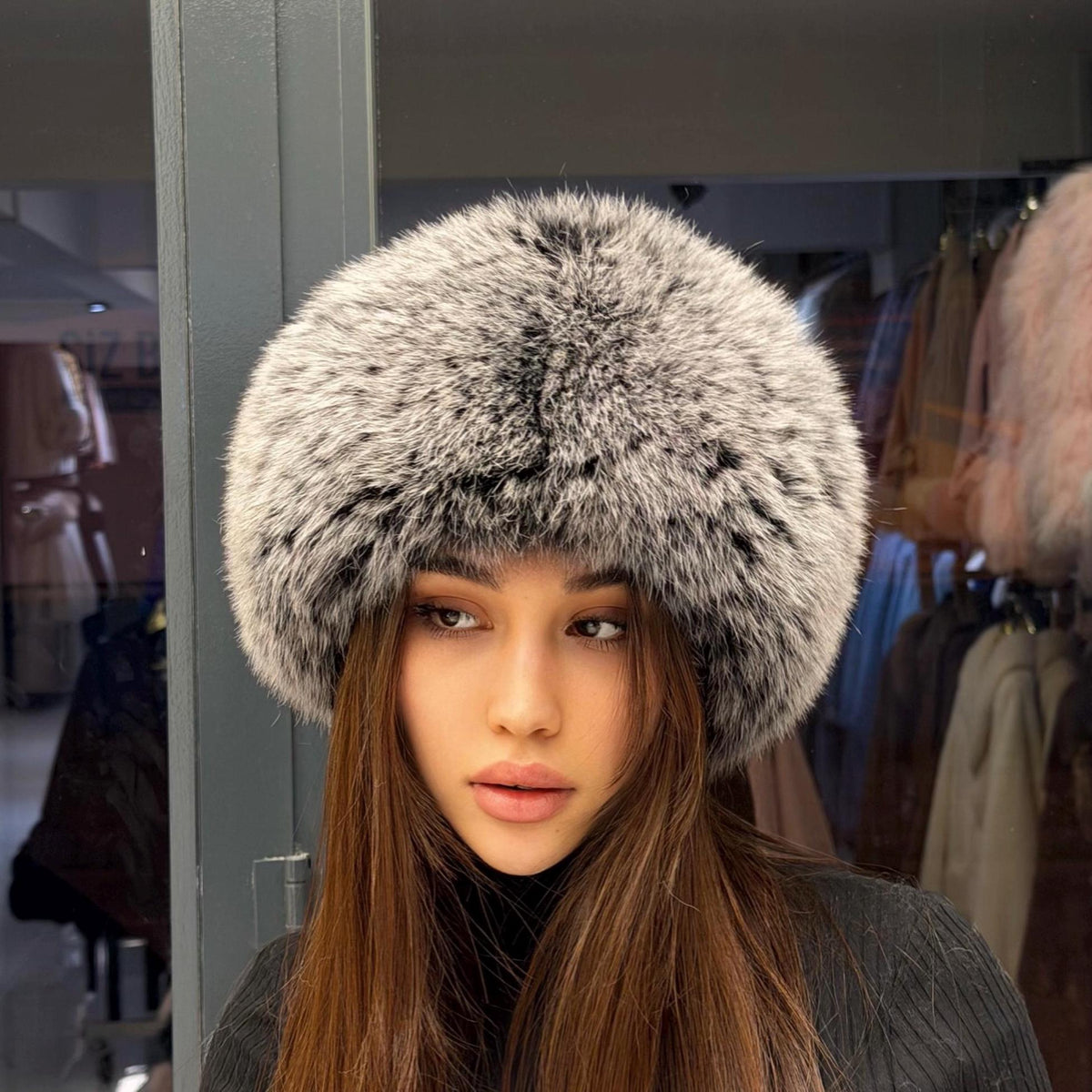 Gray Fox Fur Hat with Leather Top | Handmade Round Russian Winter Hat | Luxury Cossack Fur Hat for Women & Men | Warm Gift Idea