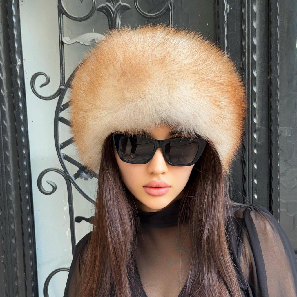 Gold Beige Fox Fur Hat with Leather Top | Handmade Round Russian Winter Hat | Luxury Cossack Fur Hat for Women & Men | Warm Gift Idea