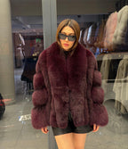 Burgundy Fox Fur Jacket, Women Shawl Collar Fox Fur Coat- Women Fox Fur Jacket. Premium Fox Fur Coat. Deep Red Fox Fur Jacket