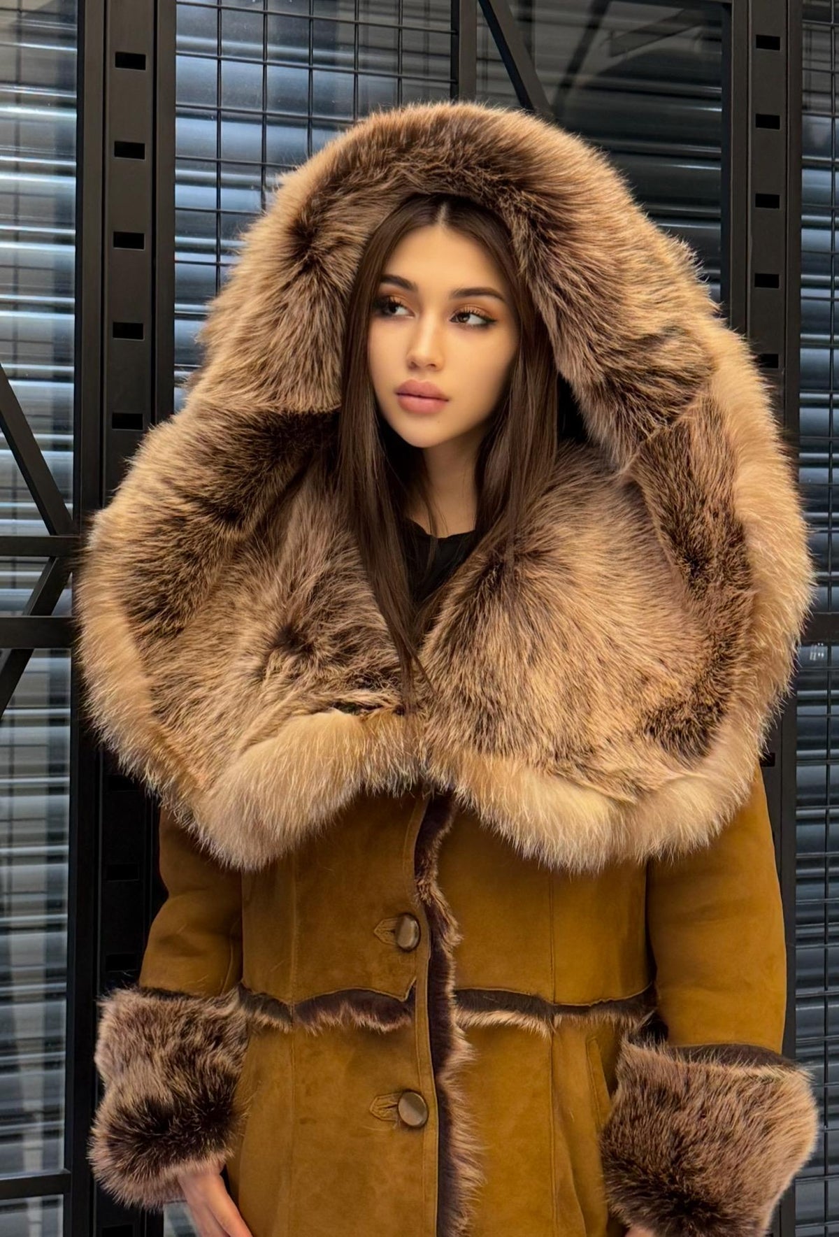 Long Whiskey Brown Toscana Shearling Coat. Hooded Baby Toscana Suede Fur Coat. Full Length Shearling Coat