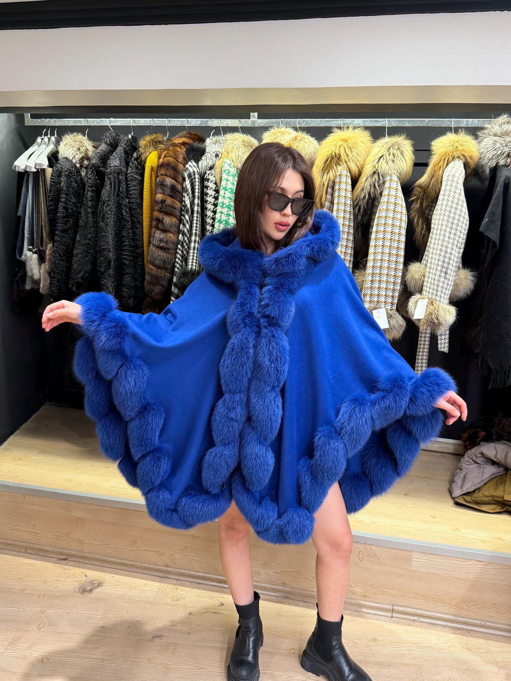 Sax Blue Wool Cashmere Cape Coat with Fox Fur Trim – Luxury Hooded Winter Wrap, Elegant Oversized Shawl Poncho, Plus Size Cloak,