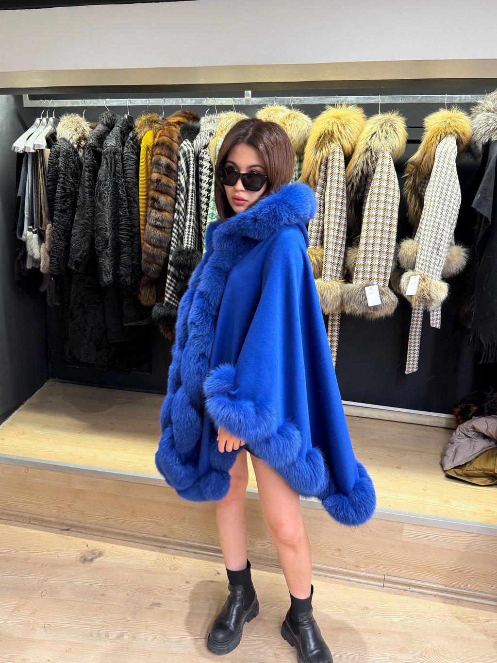 Sax Blue Wool Cashmere Cape Coat with Fox Fur Trim – Luxury Hooded Winter Wrap, Elegant Oversized Shawl Poncho, Plus Size Cloak,