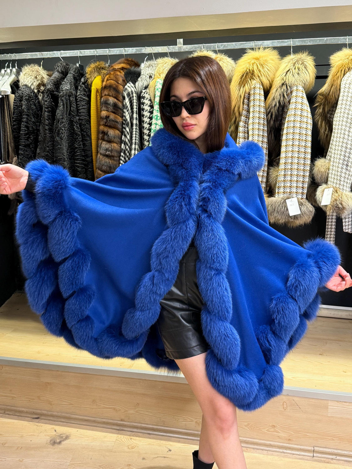 Sax Blue Wool Cashmere Cape Coat with Fox Fur Trim – Luxury Hooded Winter Wrap, Elegant Oversized Shawl Poncho, Plus Size Cloak,