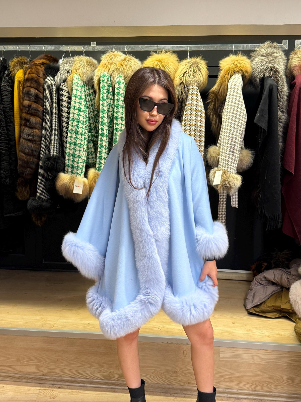 Blue Wool Cashmere Cape Coat with Fox Fur Trim – Luxury Winter Wrap, Elegant Oversized Shawl, Plus Size Cloak. Fox Fur Jacket. Fox Fur