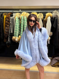 Blue Wool Cashmere Cape Coat with Fox Fur Trim – Luxury Winter Wrap, Elegant Oversized Shawl, Plus Size Cloak. Fox Fur Jacket. Fox Fur