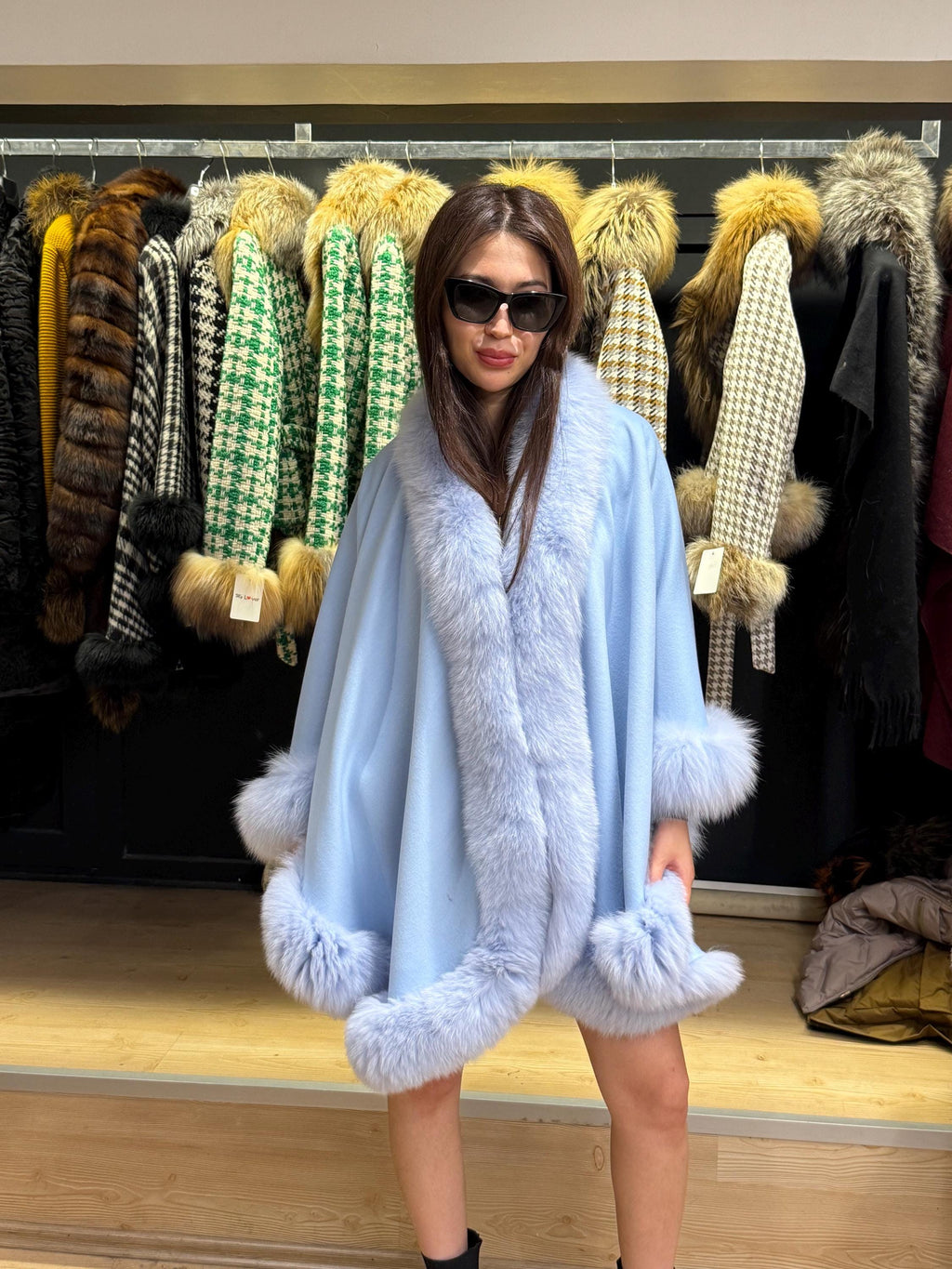 Blue Wool Cashmere Cape Coat with Fox Fur Trim – Luxury Winter Wrap, Elegant Oversized Shawl, Plus Size Cloak. Fox Fur Jacket. Fox Fur