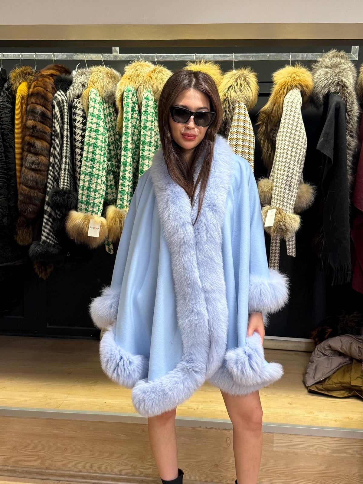 Blue Wool Cashmere Cape Coat with Fox Fur Trim – Luxury Winter Wrap, Elegant Oversized Shawl, Plus Size Cloak. Fox Fur Jacket. Fox Fur