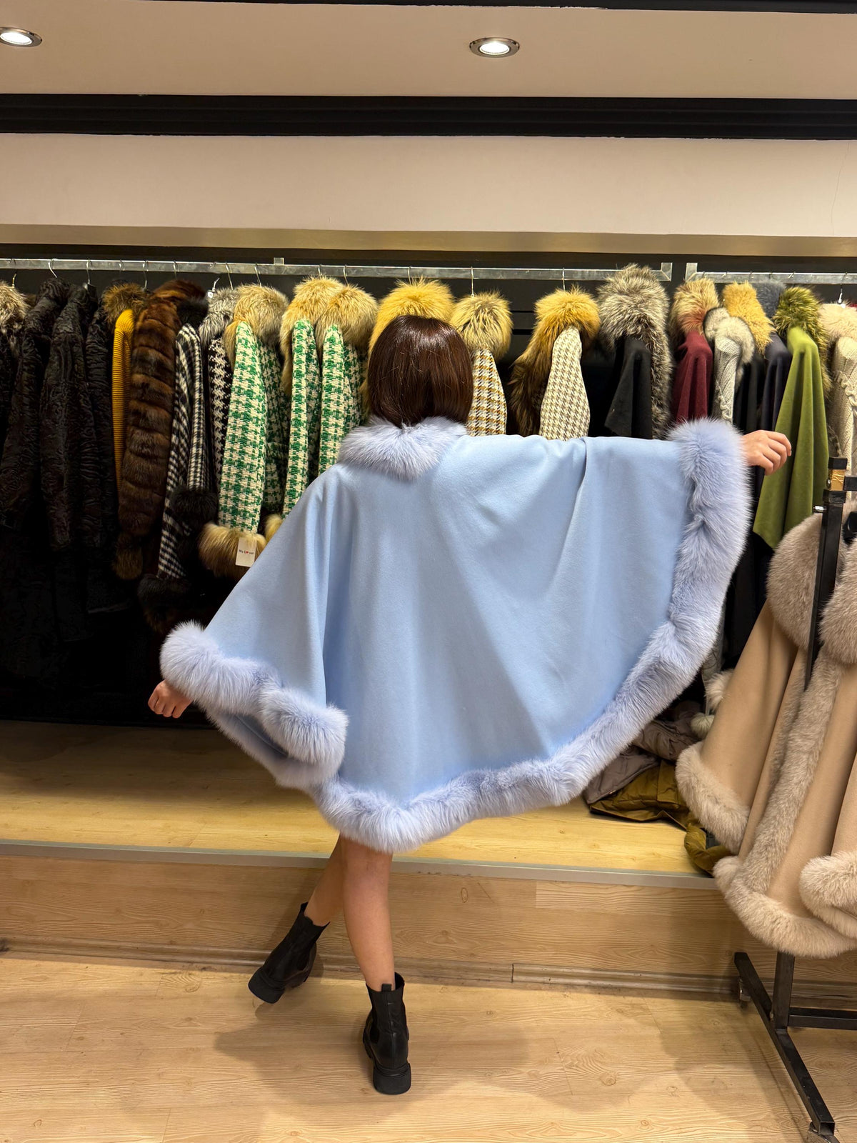 Blue Wool Cashmere Cape Coat with Fox Fur Trim – Luxury Winter Wrap, Elegant Oversized Shawl, Plus Size Cloak. Fox Fur Jacket. Fox Fur