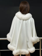 White Cashmere Cape With Fox Fur Trim, Women’s Wool Shawl Front Skirt - Fox Fur Jacket. Arctic Fox Fur Jacket. Fox Fur Trim Coat. Fox Fur