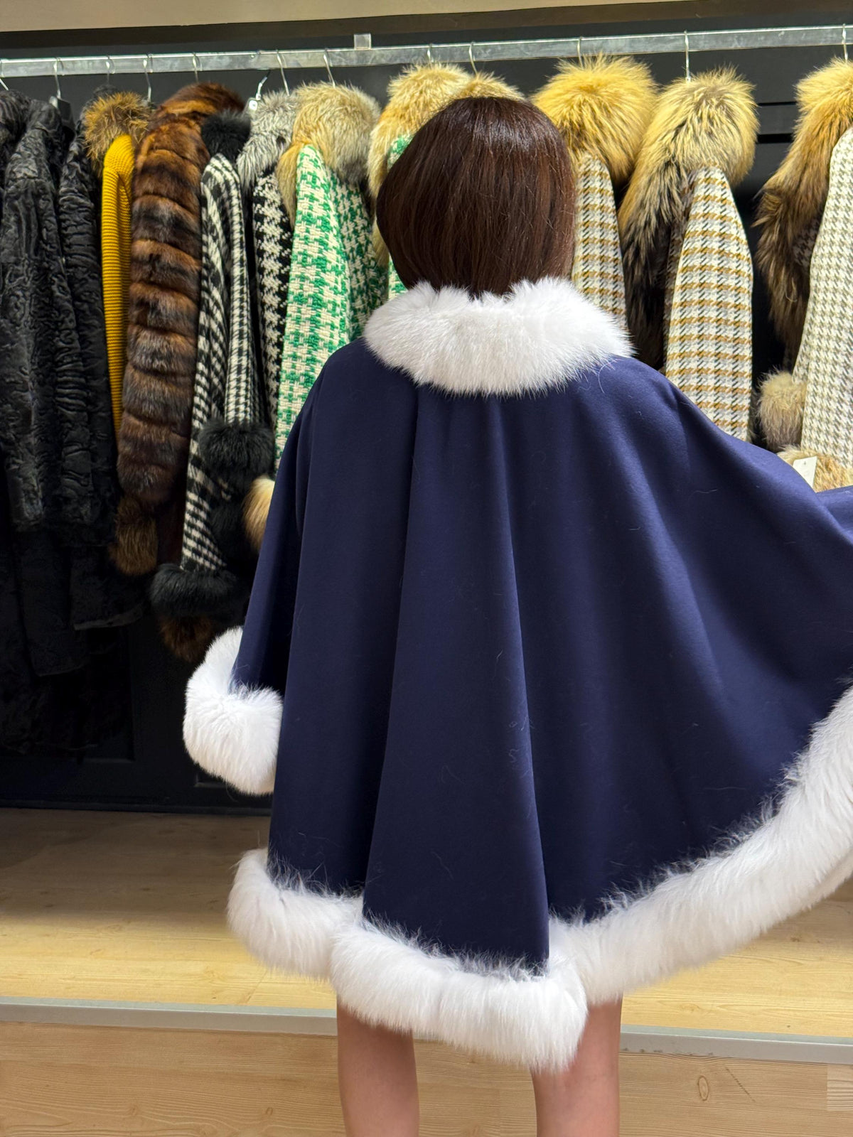 Navy Blue Wool Cashmere Cape with Fox Fur Trim – Luxury Winter Wrap, Elegant Oversized Shawl. Fox Fur Jacket. Arctic Fox Fur Coat