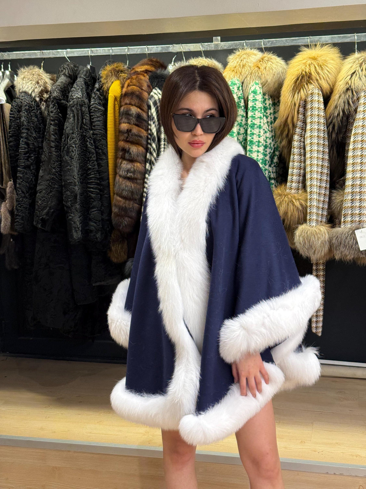 Navy Blue Wool Cashmere Cape with Fox Fur Trim – Luxury Winter Wrap, Elegant Oversized Shawl. Fox Fur Jacket. Arctic Fox Fur Coat