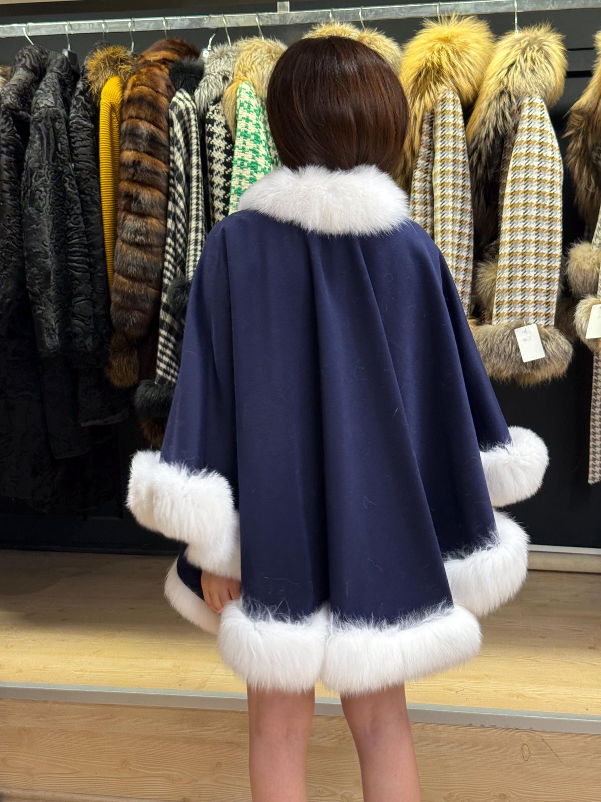 Navy Blue Wool Cashmere Cape with Fox Fur Trim – Luxury Winter Wrap, Elegant Oversized Shawl. Fox Fur Jacket. Arctic Fox Fur Coat