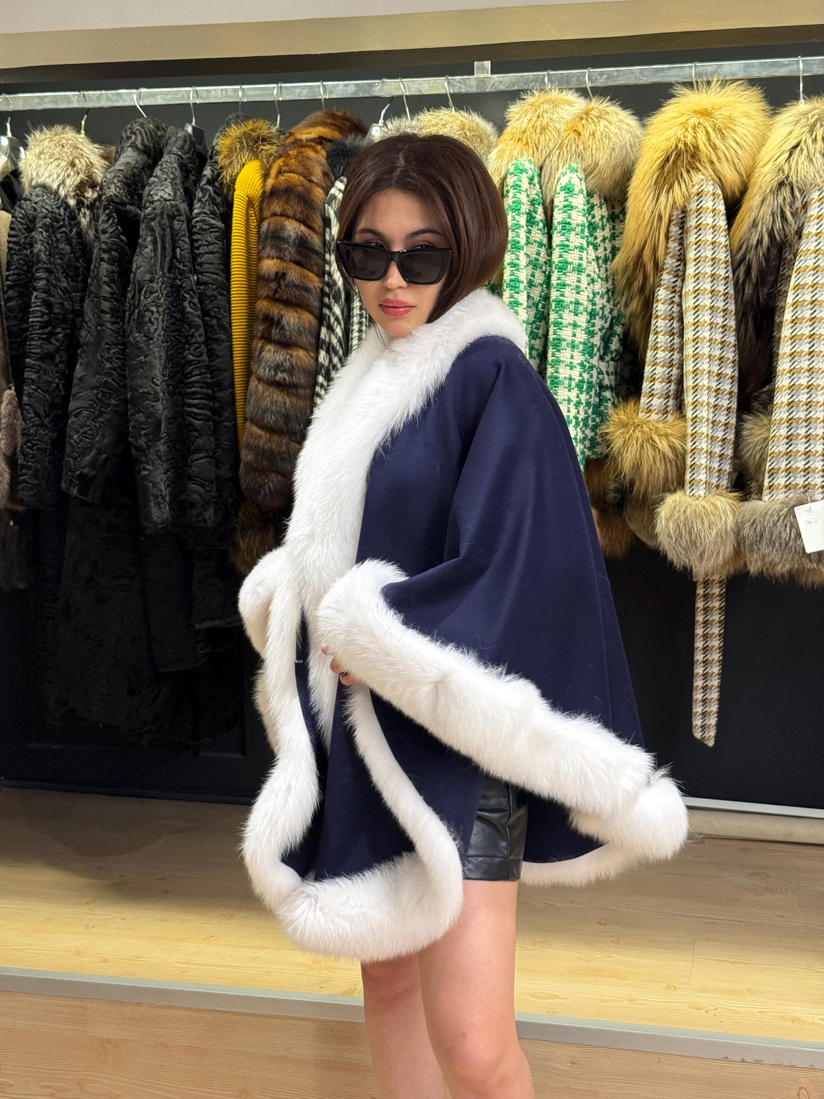 Navy Blue Wool Cashmere Cape with Fox Fur Trim – Luxury Winter Wrap, Elegant Oversized Shawl. Fox Fur Jacket. Arctic Fox Fur Coat