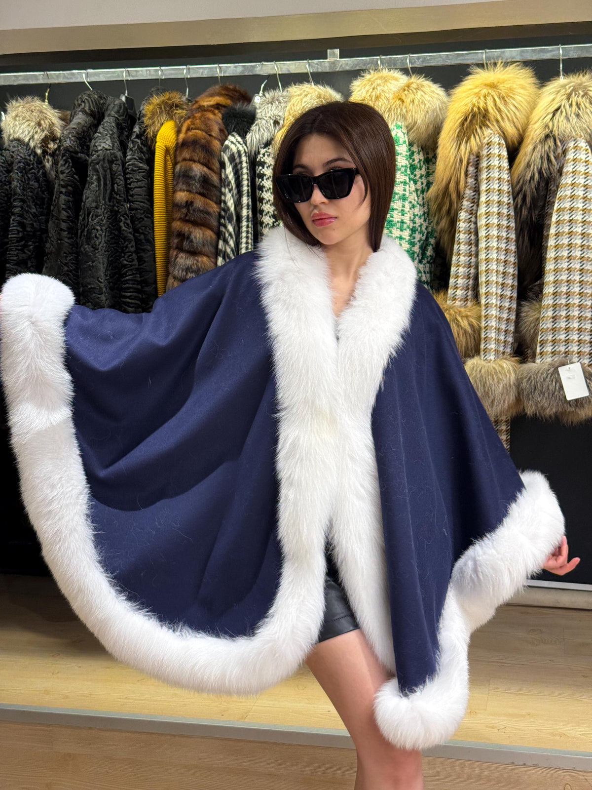 Navy Blue Wool Cashmere Cape with Fox Fur Trim – Luxury Winter Wrap, Elegant Oversized Shawl. Fox Fur Jacket. Arctic Fox Fur Coat
