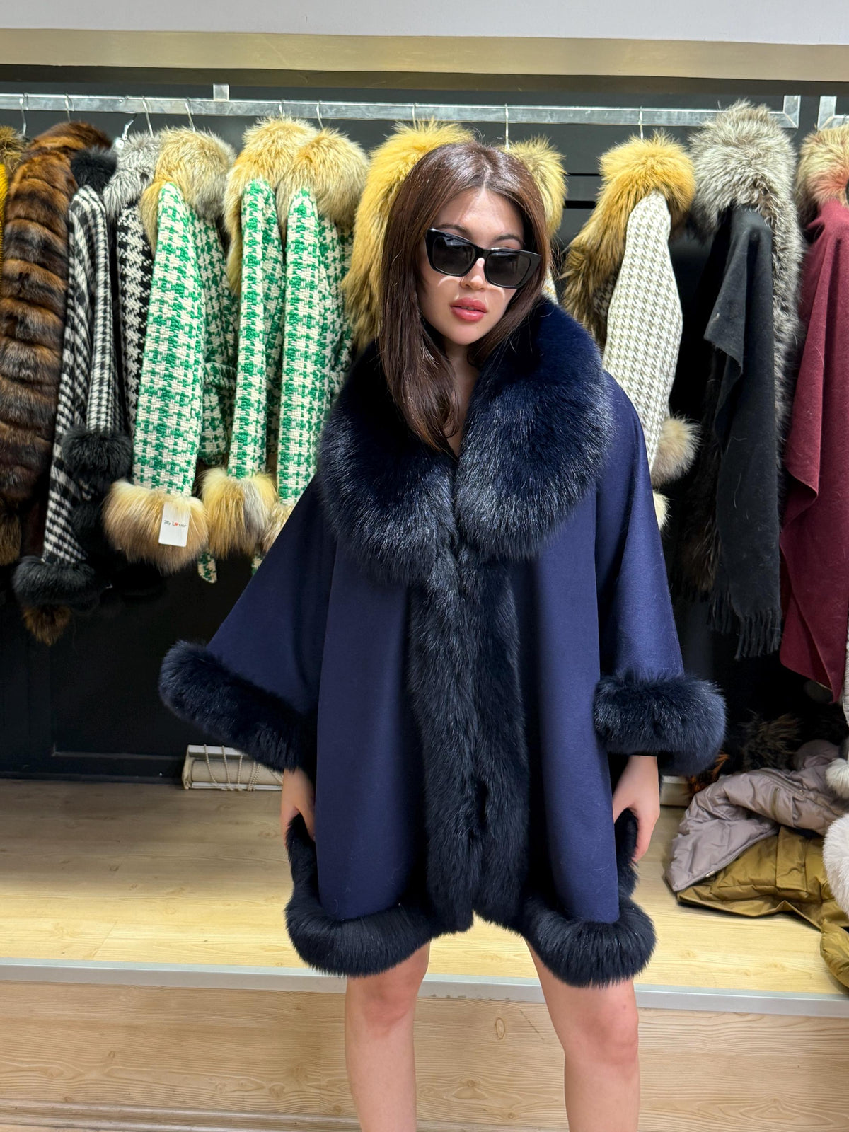 Navy Blue Wool Cashmere Cape with Fox Fur Trim – Luxury Winter Wrap, Elegant Oversized Shawl. Fox Fur Jacket. Blue Fox Fur Coat