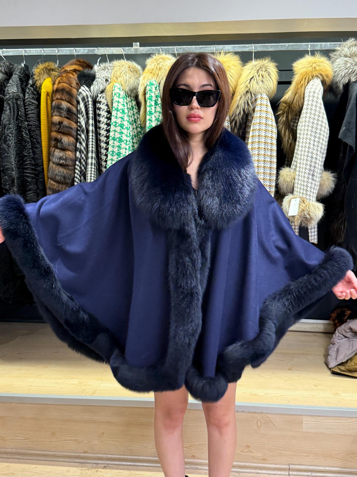 Navy Blue Wool Cashmere Cape with Fox Fur Trim – Luxury Winter Wrap, Elegant Oversized Shawl. Fox Fur Jacket. Blue Fox Fur Coat