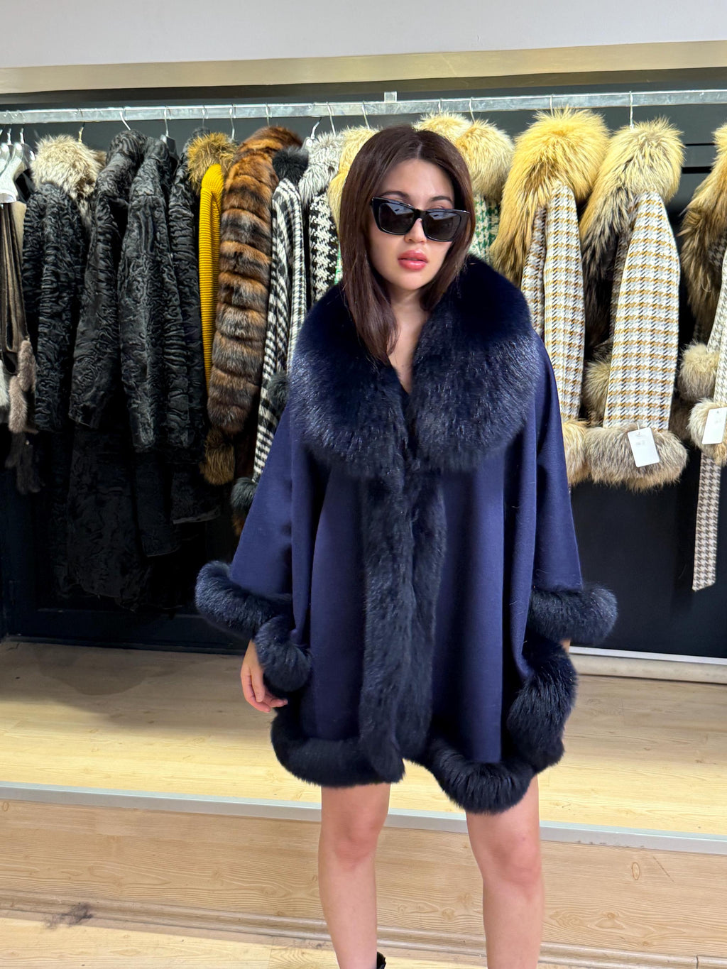 Navy Blue Wool Cashmere Cape with Fox Fur Trim – Luxury Winter Wrap, Elegant Oversized Shawl. Fox Fur Jacket. Blue Fox Fur Coat