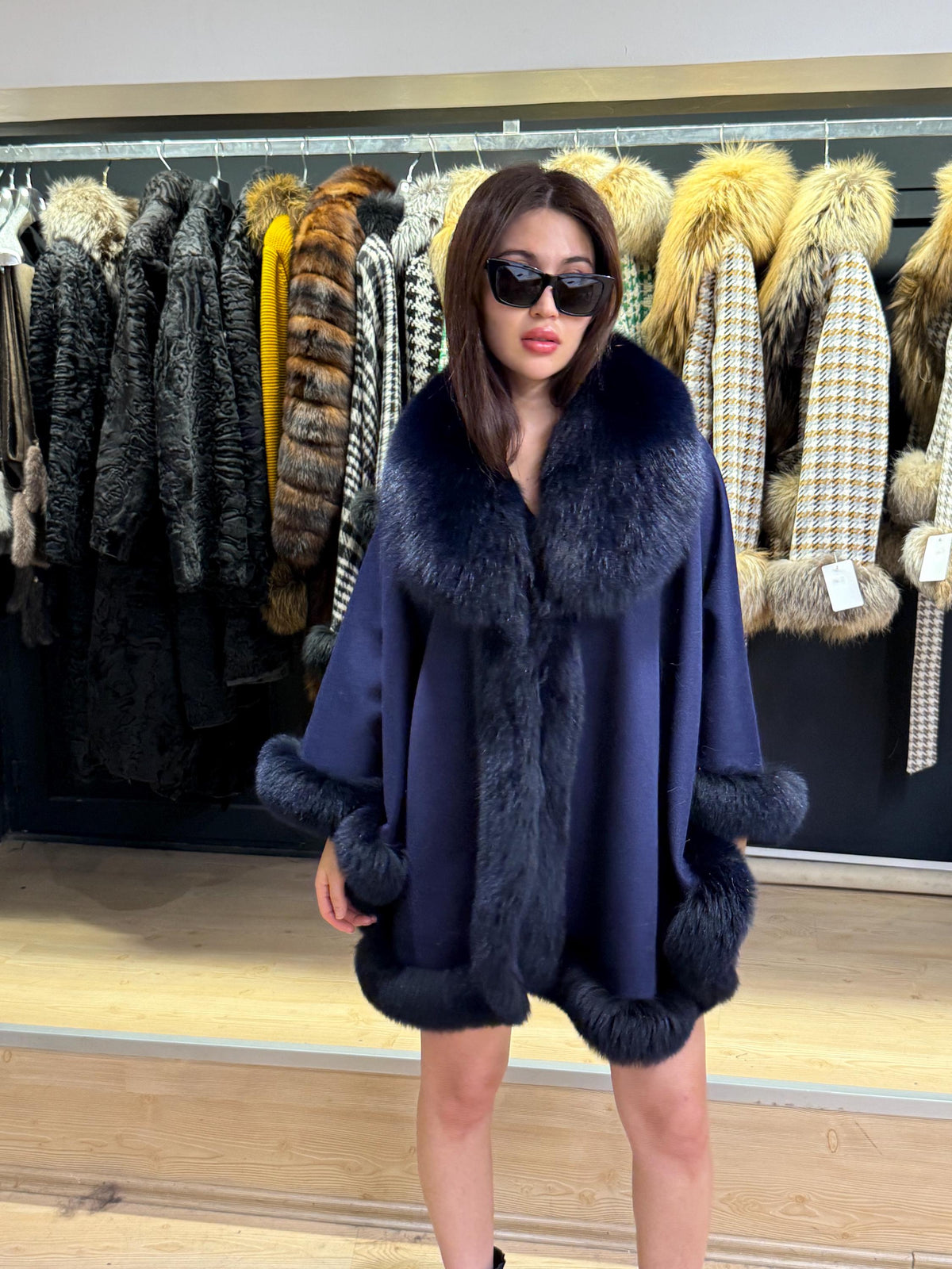 Navy Blue Wool Cashmere Cape with Fox Fur Trim – Luxury Winter Wrap, Elegant Oversized Shawl. Fox Fur Jacket. Blue Fox Fur Coat